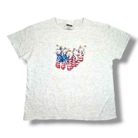 Vintage Cat Patriotic Cropped T-Shirt Women's Medium Tultex - Picture 1 of 6